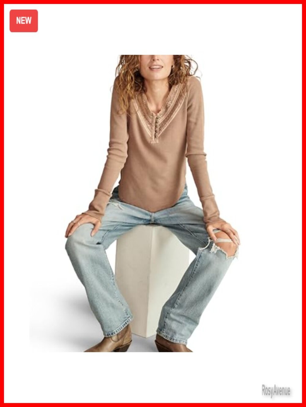 Embroidered Mesh Yoke Henley Top Long Sleeve V-Neck Casual - Picture 4 of 5